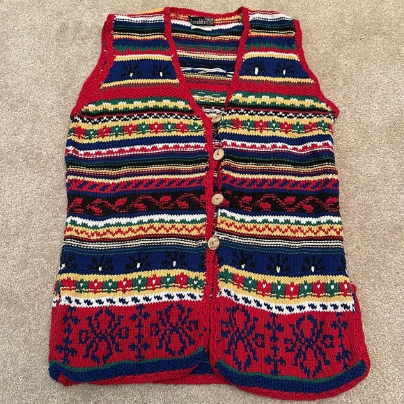Harold’s Knitted By Hand 100% Cotton Striped Colorful Vest Wooden Buttons Medium - Picture 1 of 7